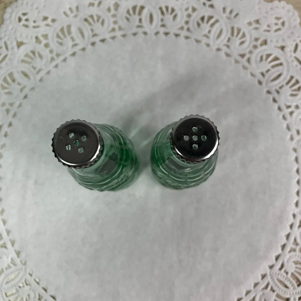 Coca-Cola Salt and Pepper Shakers Glass Bottle Set 4.5in Green New Old Stock